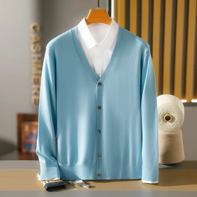 【不议价】男士18针精纺纯山羊绒310克长袖V领针织时尚百搭系扣开衫