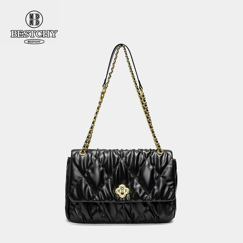 Bestchy/栢思琦小香风轻奢时尚百搭女士黑色小众单肩菱格包