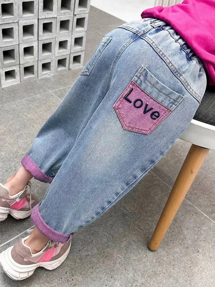 女童牛仔裤春秋款2024新款破洞宽松浅色老爹裤春季女宝宝休闲裤子