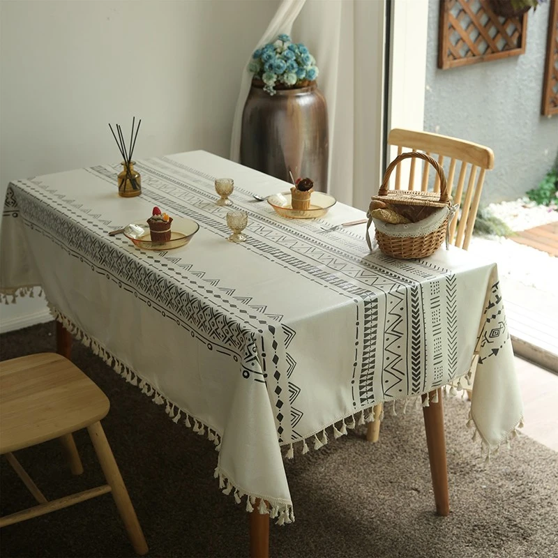 桌布防水防油免洗棉麻布艺几何长方形流苏餐桌布桌布茶几布台布