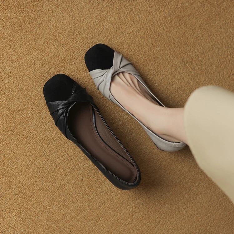 【跟高4CM】 里外全真皮时尚百搭方头拼色粗跟一字带中跟单鞋