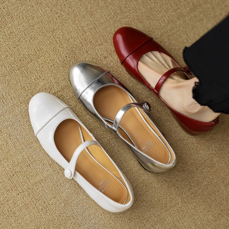 【跟高2.5CM】渔夫鞋茄子牛皮圆头粗跟新款春秋玛丽珍皮鞋平底单鞋