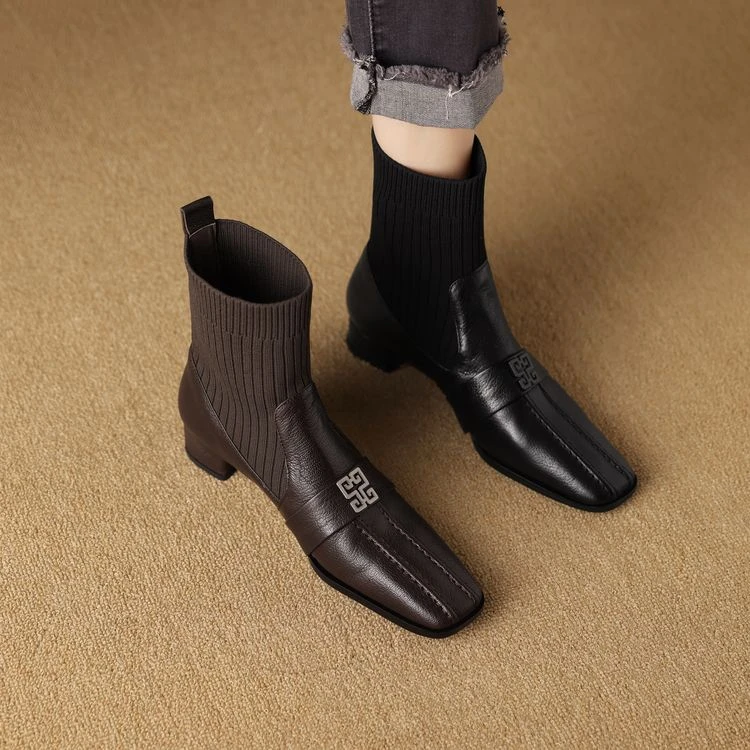 【跟高3cm】骑士靴牛仔时装靴2024年秋季袜靴瘦瘦靴短筒短靴女靴