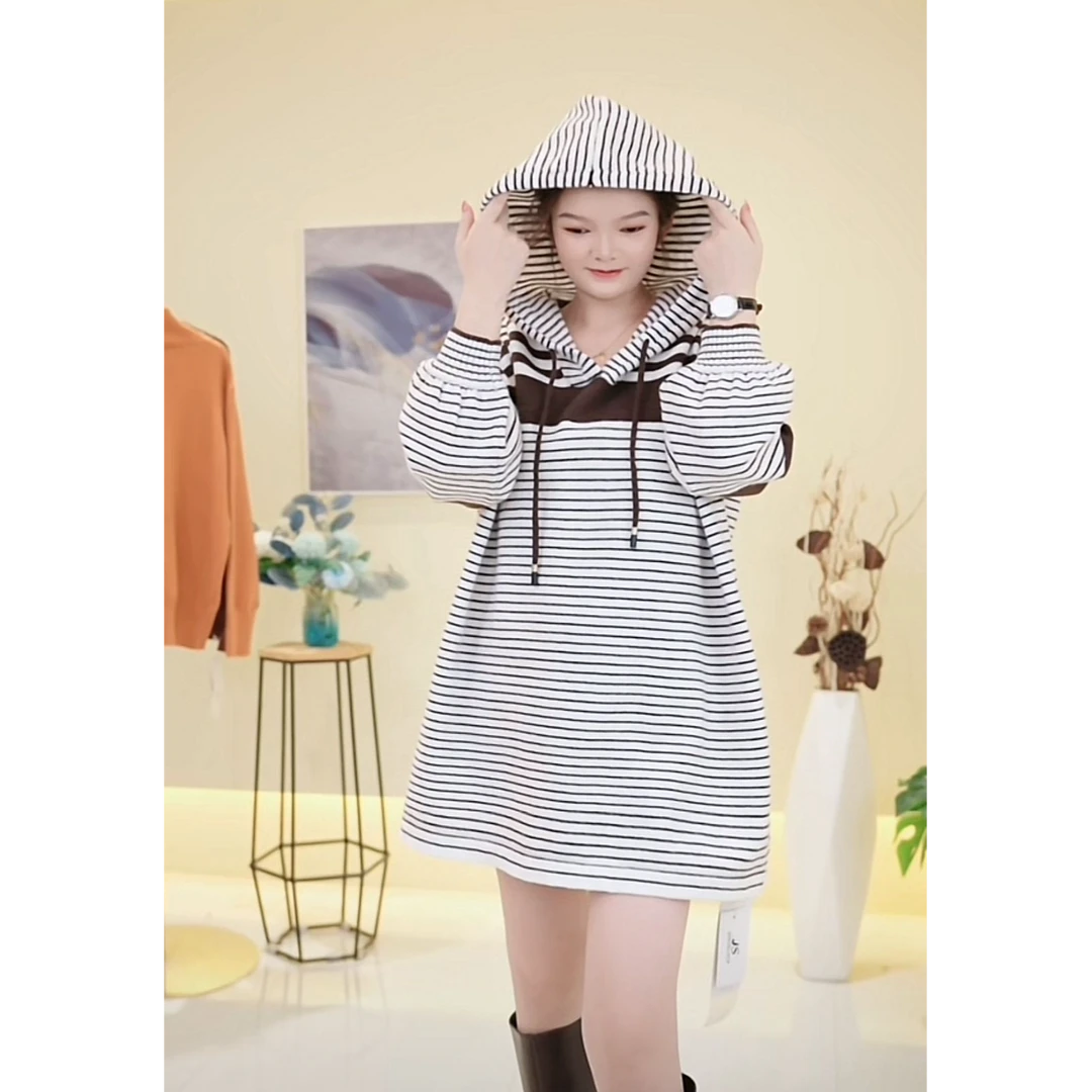 165 原创设计韩版秋冬季连帽条纹拼接休闲款上衣