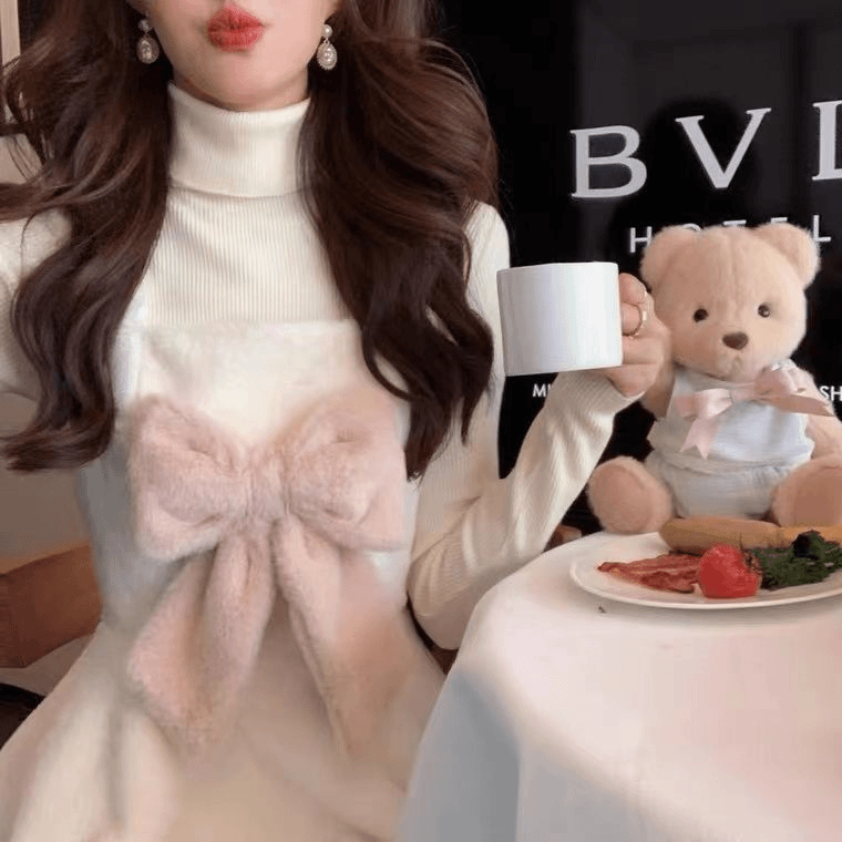 日系甜美少女软糯可爱毛绒蝴蝶结收腰显瘦百搭吊带裙连衣裙秋冬新