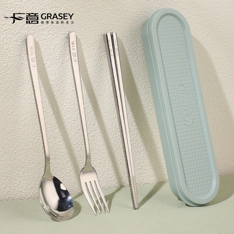 316不锈钢筷子勺子套装收纳盒一人一筷便携三件套小学生上学餐具
