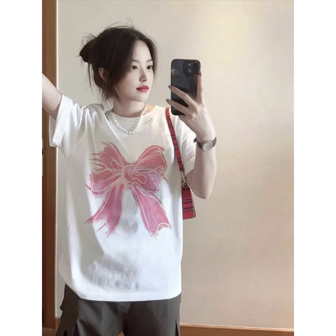 大码白色短袖T恤女夏季韩版设计感宽松百搭洋气印花圆领半袖上衣