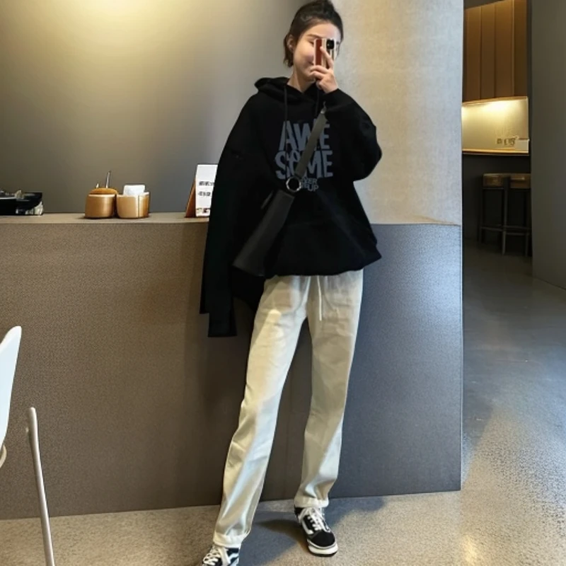 黑色加绒加厚卫衣女2025新款爆款秋冬季宽松百搭连帽衫中长款外套