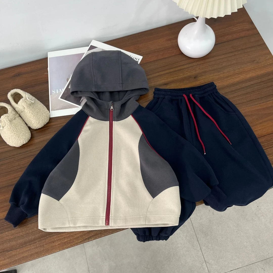 【小番薯童品 】秋季新款韩版休闲宽松拼色儿童连帽休闲外套套装