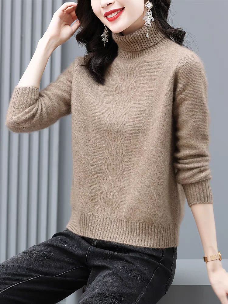 乐久羊毛衫加厚羊绒双翻领提花减龄百搭妈妈款