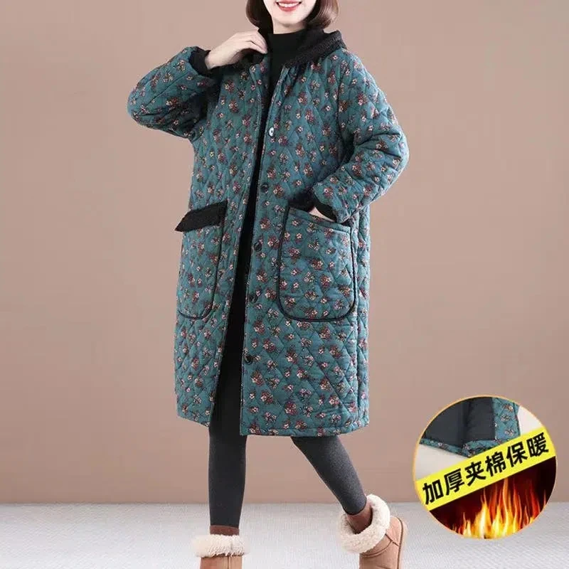 2024冬季外套韩版宽松大码棉服碎花夹棉加厚保暖连帽棉衣女中长款