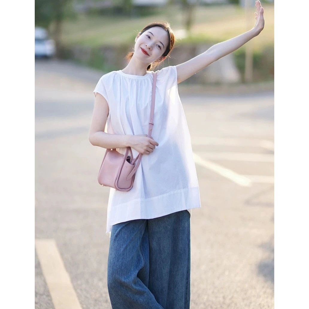 简约chic港味春夏季小众中长款无袖休闲衬衣百搭圆领开叉白色衬衫