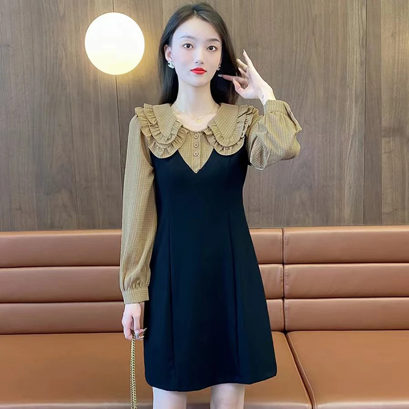 G新款时尚显瘦连衣裙娃娃领收腰假两件春季遮肚减龄裙子女8438