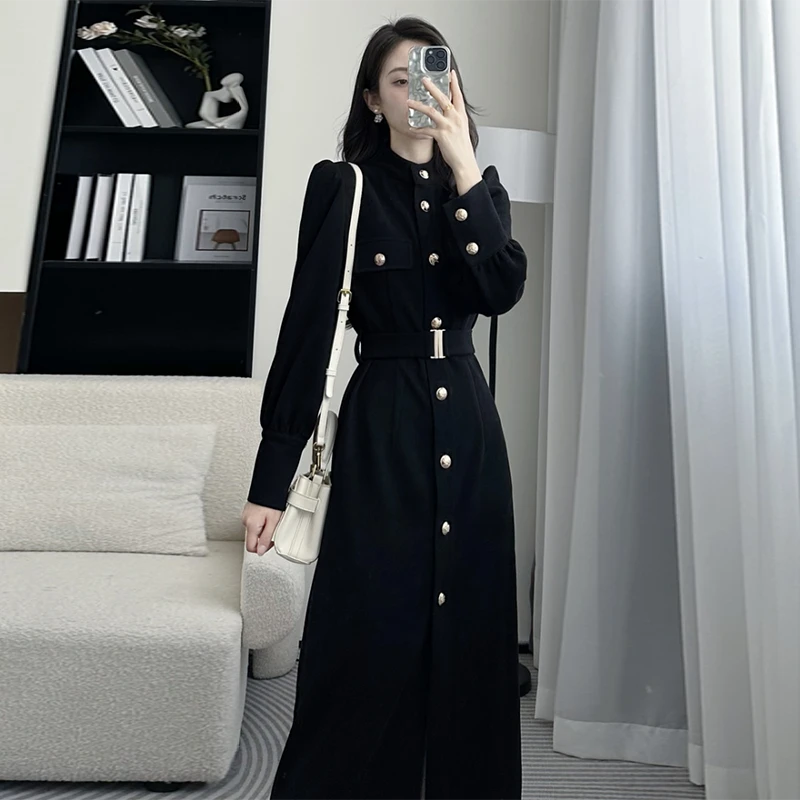 【PJ】灯芯绒复古单排扣连衣裙女气质法式赫本风收腰显瘦裙子7994