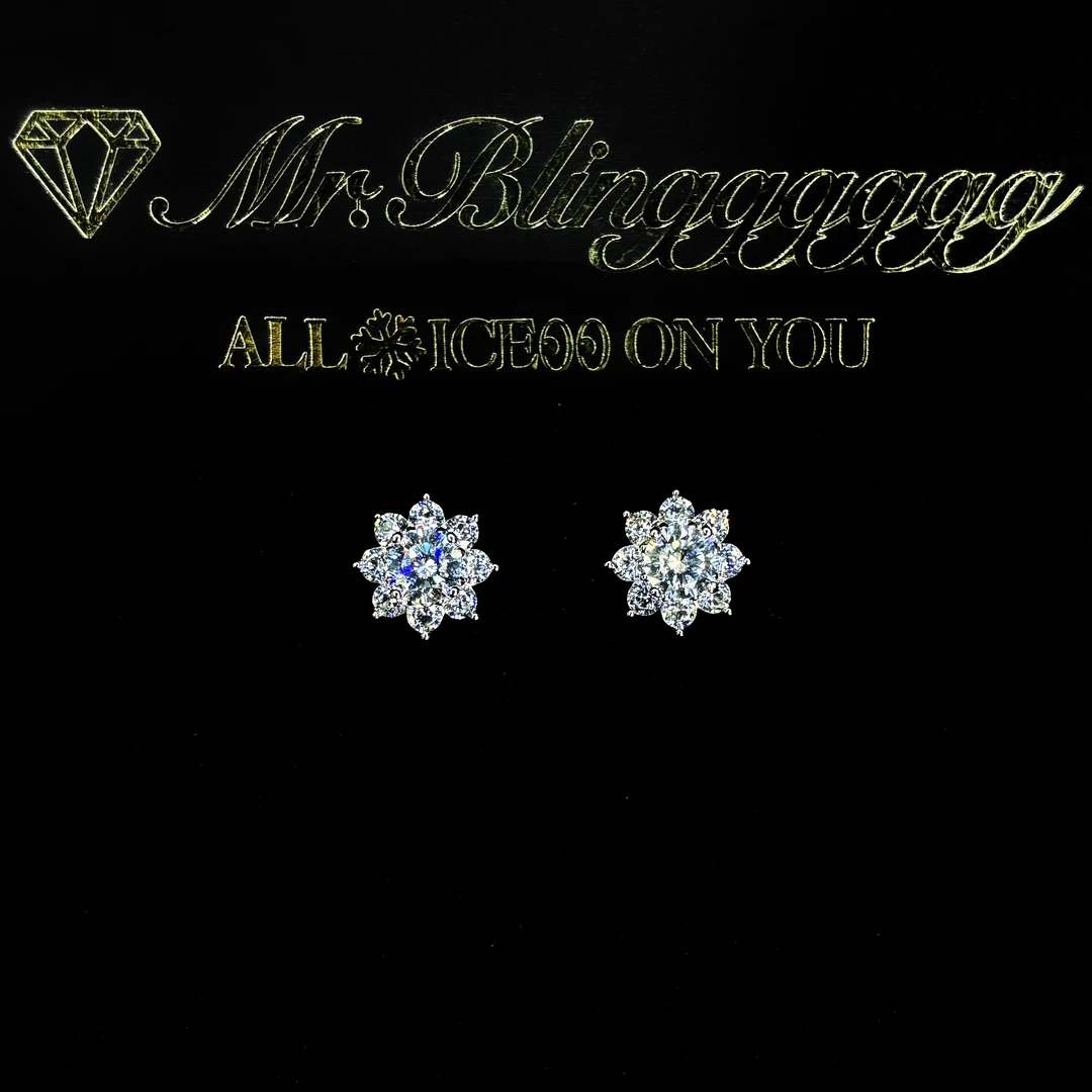 925银合成锆石耳饰 Mr.Blingggggg欧美嘻哈 群镶莫桑石雪花耳钉