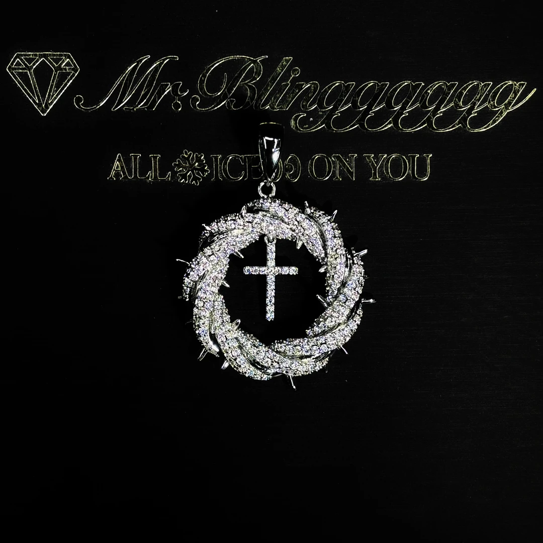 铜合金合成锆石吊坠 Mr.Blingggggg欧美嘻哈 满钻荆棘花环十字架