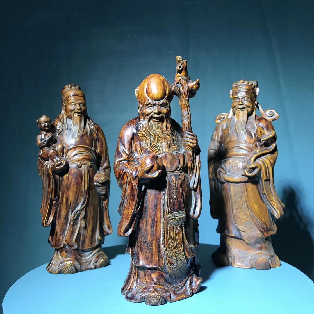 黄杨木柏柏木福禄寿雕刻摆件
