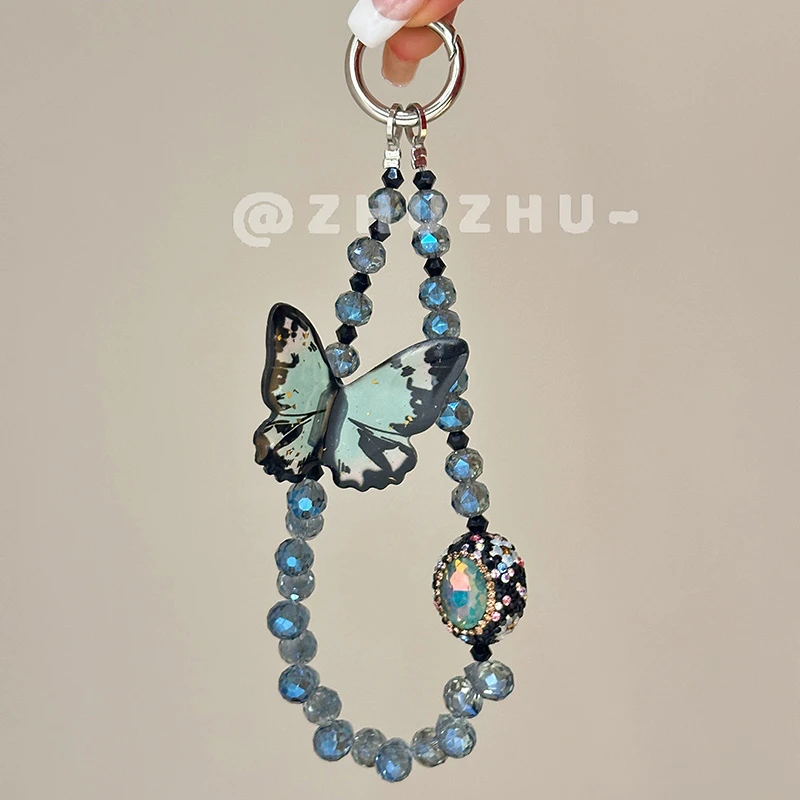 【水晶蝴蝶】水晶串珠蝴蝶重工爆闪blingbling挂件手工手机链