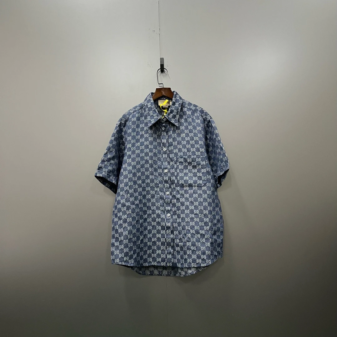 GUCCI 古驰 蓝色满印老花短袖衬衫 42码/95新/公价13000/无配件