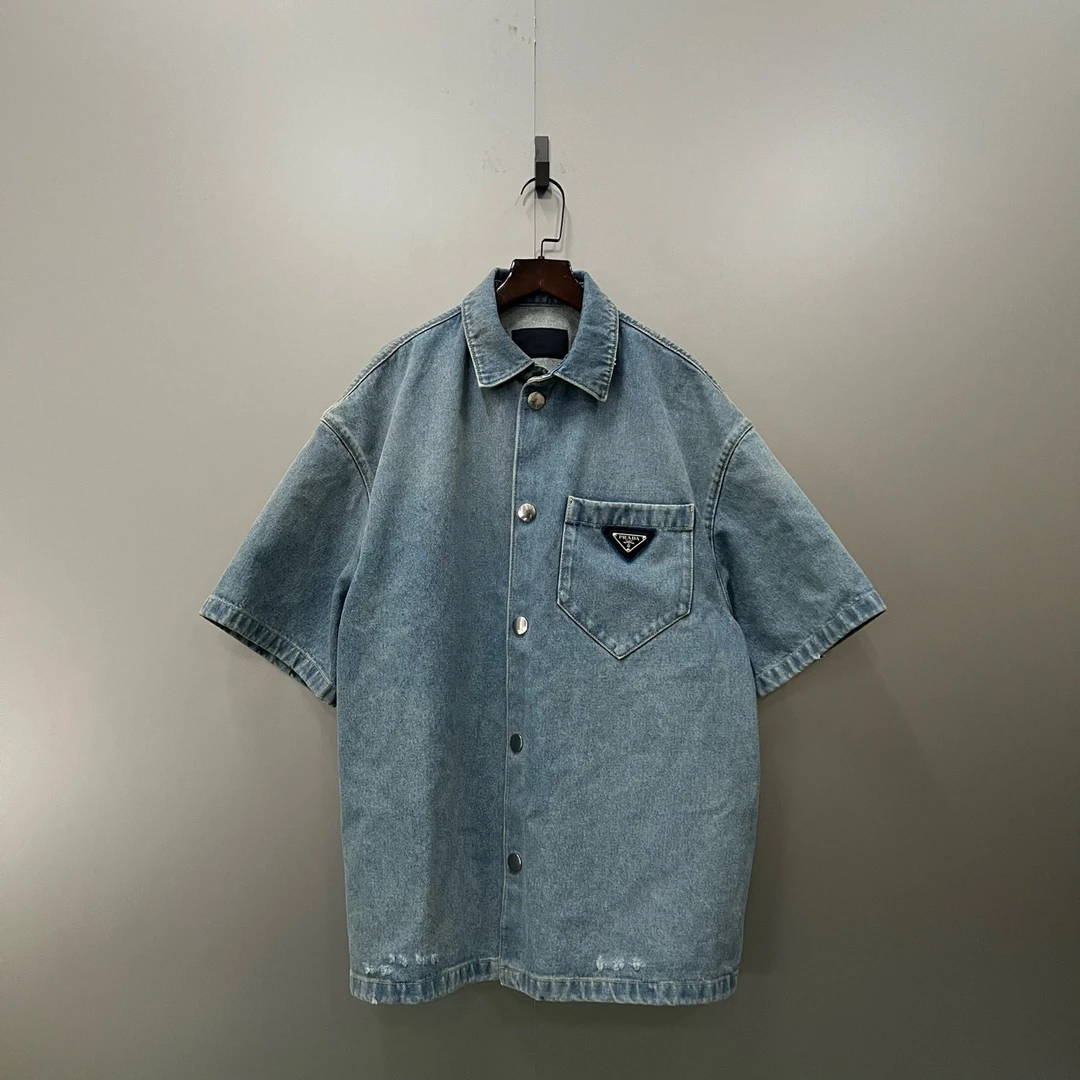 PRADA 普拉达 三角标牛仔短袖衬衫 L码/98新/公价8800/无配件