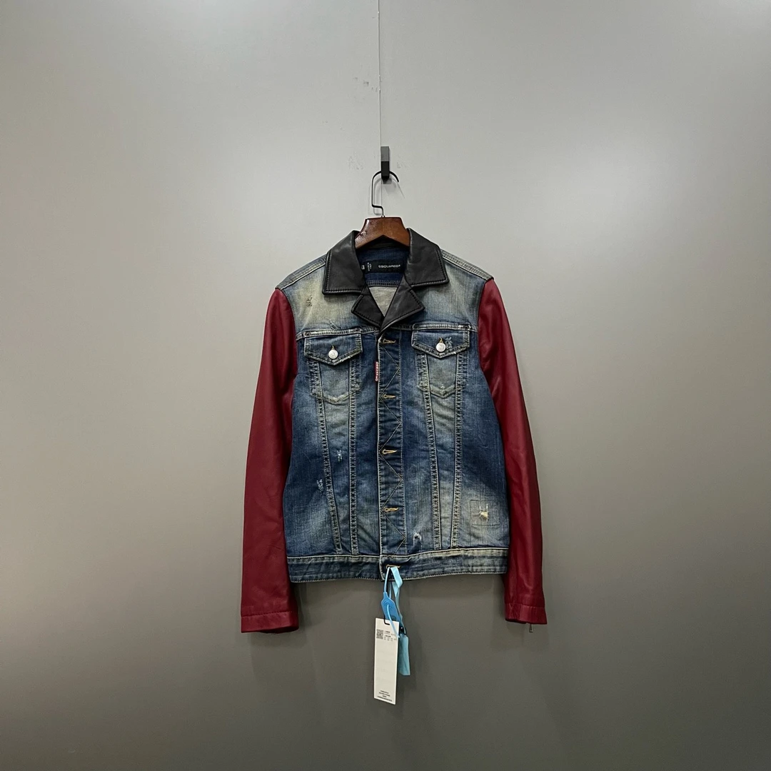 DSQUARED2 牛仔拼皮翻领夹克 46码/95新/公价5000/无配件