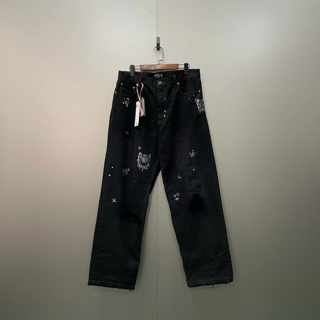 Balenciaga 巴黎世家 黑色水钻印花长裤 L码/95新/公价12000/无配