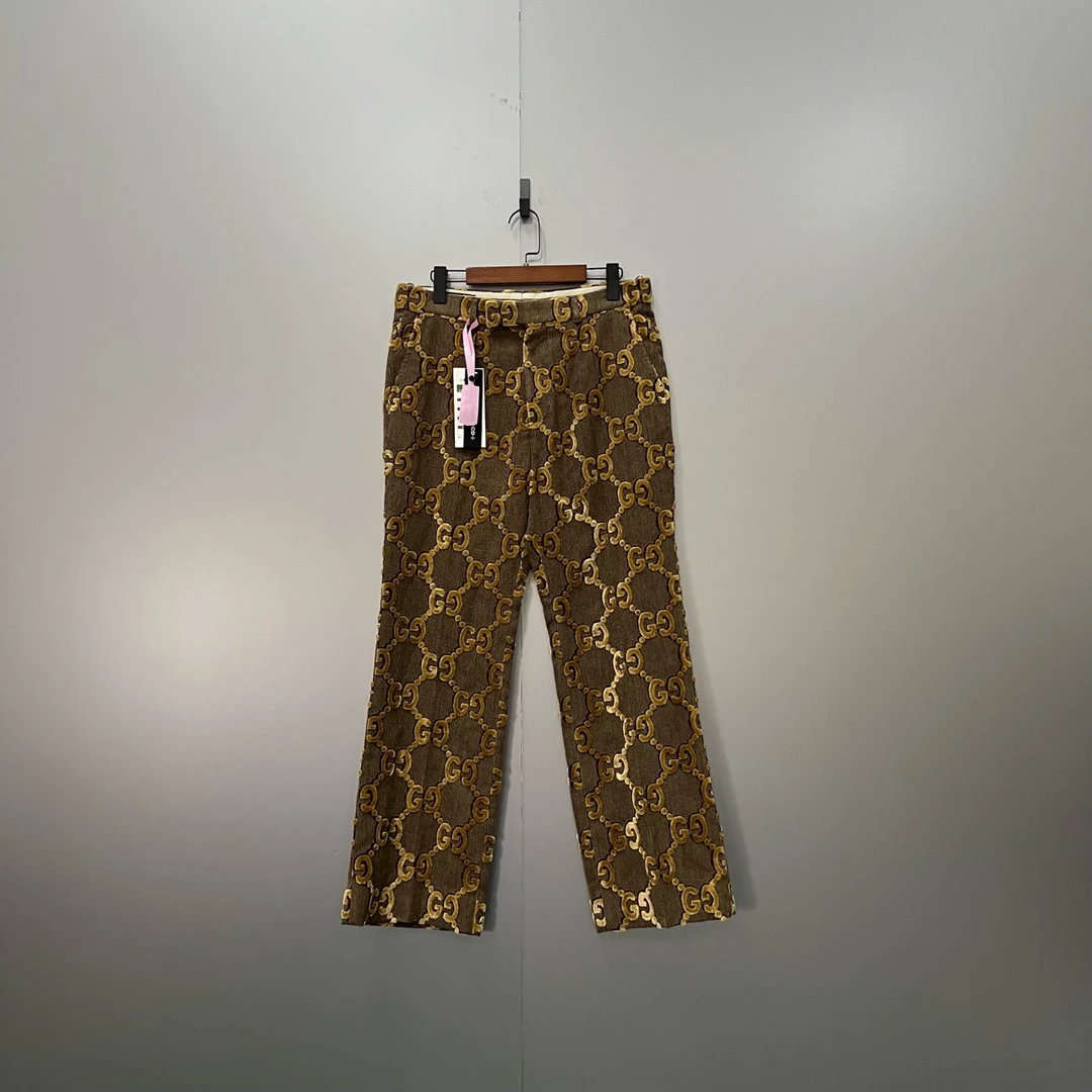 GUCCI 古驰 棕色植绒双G刺绣logo长裤 48码/98新/公价17244/无配