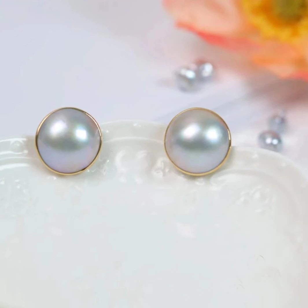 【铂金灰】海水马贝铂金灰耳钉13-14mm/15-16mm  G18K金  JME037