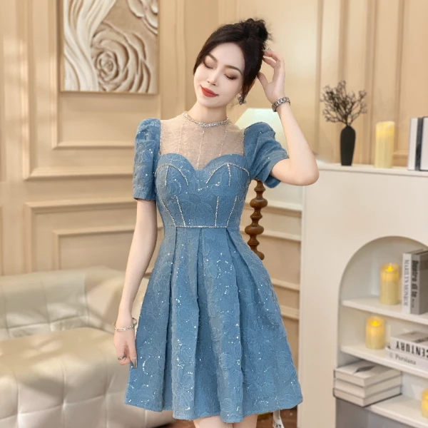 【碎冰蓝】新款时尚法式短款收腰连衣裙夏季轻奢高级感91017