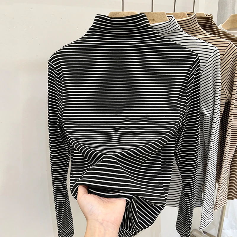 条纹长袖t恤儿童内搭上衣2025秋冬款男女儿童立领双面德绒打底衫
