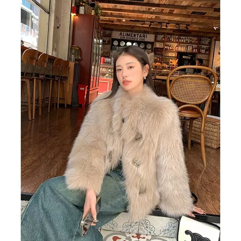 美拉德立领皮扣设计小香风毛外套冬款气质小个子毛毛外套女28699#