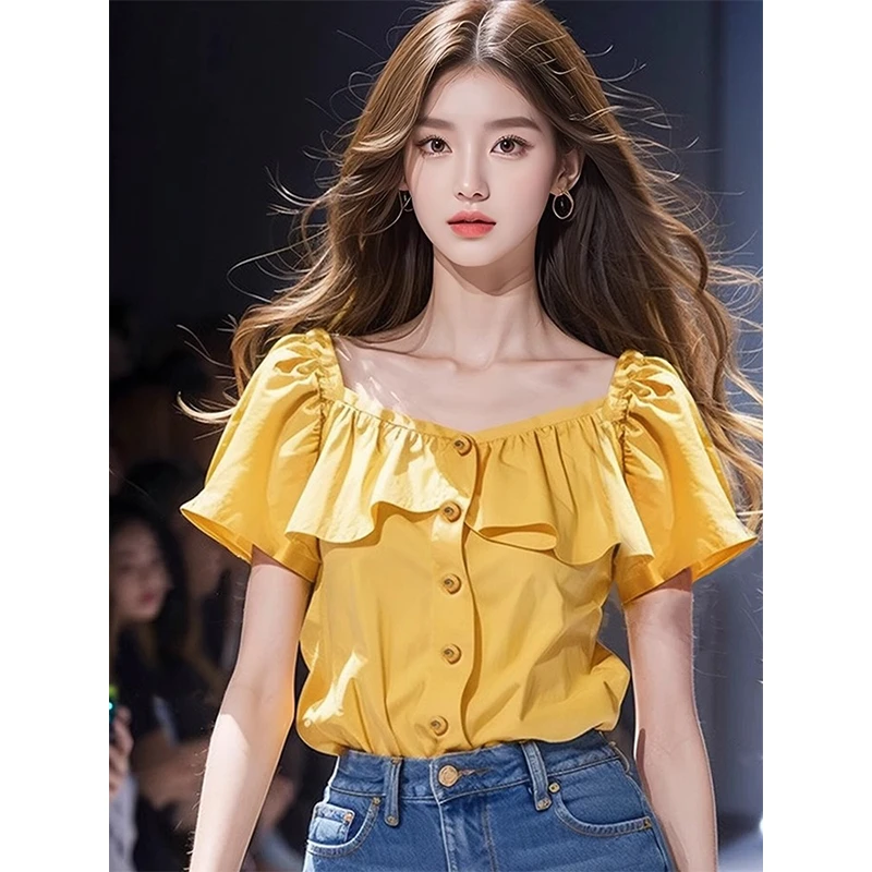 黄色方领泡泡袖短袖衬衫女夏季新款设计感茶里茶气小衫上衣32551#