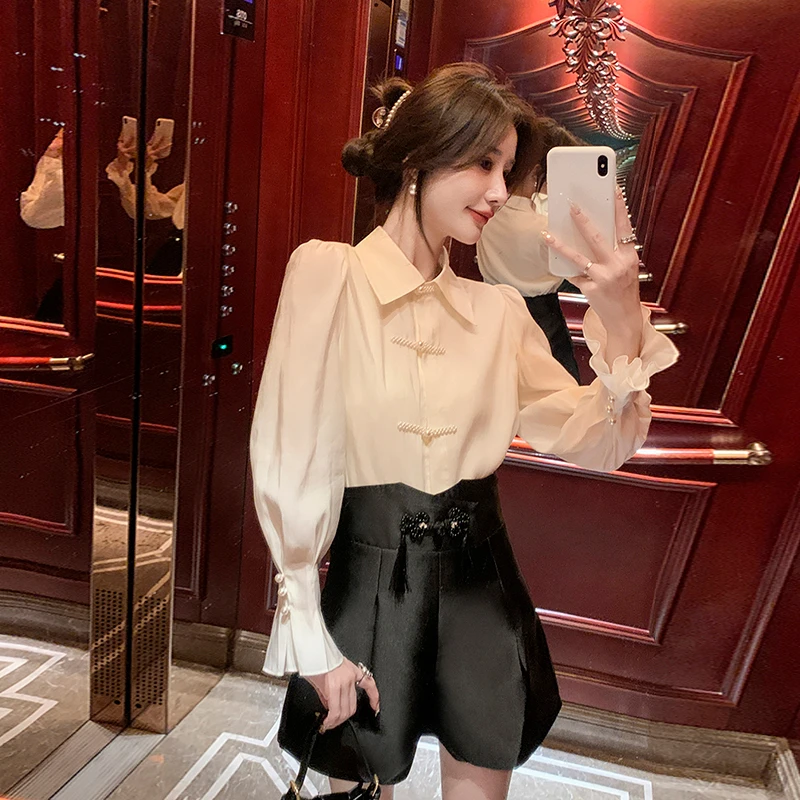 中式盘扣衬衫女新款小众设计感衬衣长袖款气质通勤上衣显瘦28698#