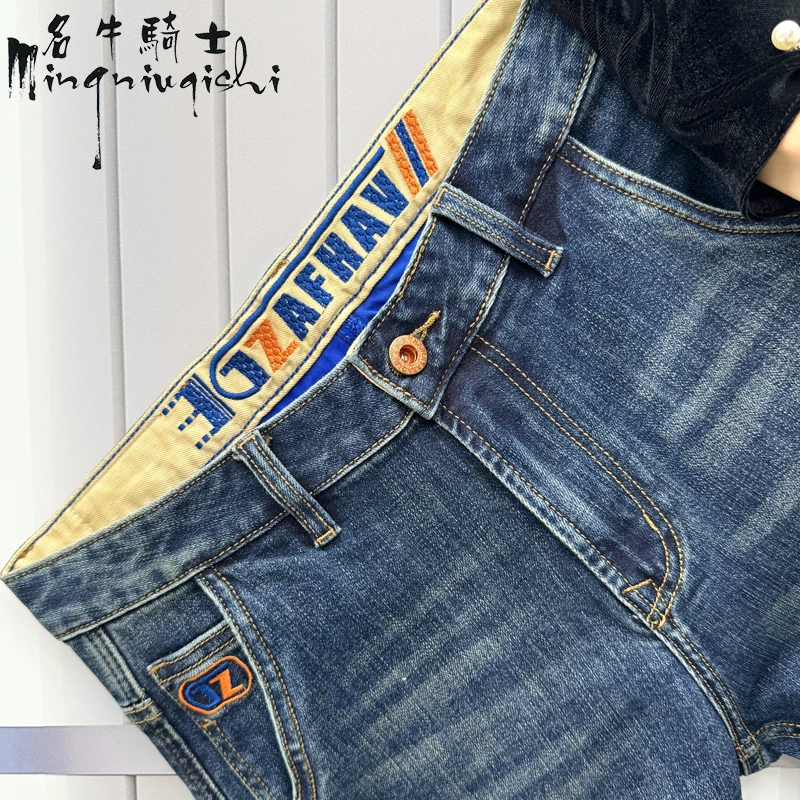 名牛骑士深色男士牛仔裤斜口袋秋冬新款百搭休闲微弹修身小直筒裤