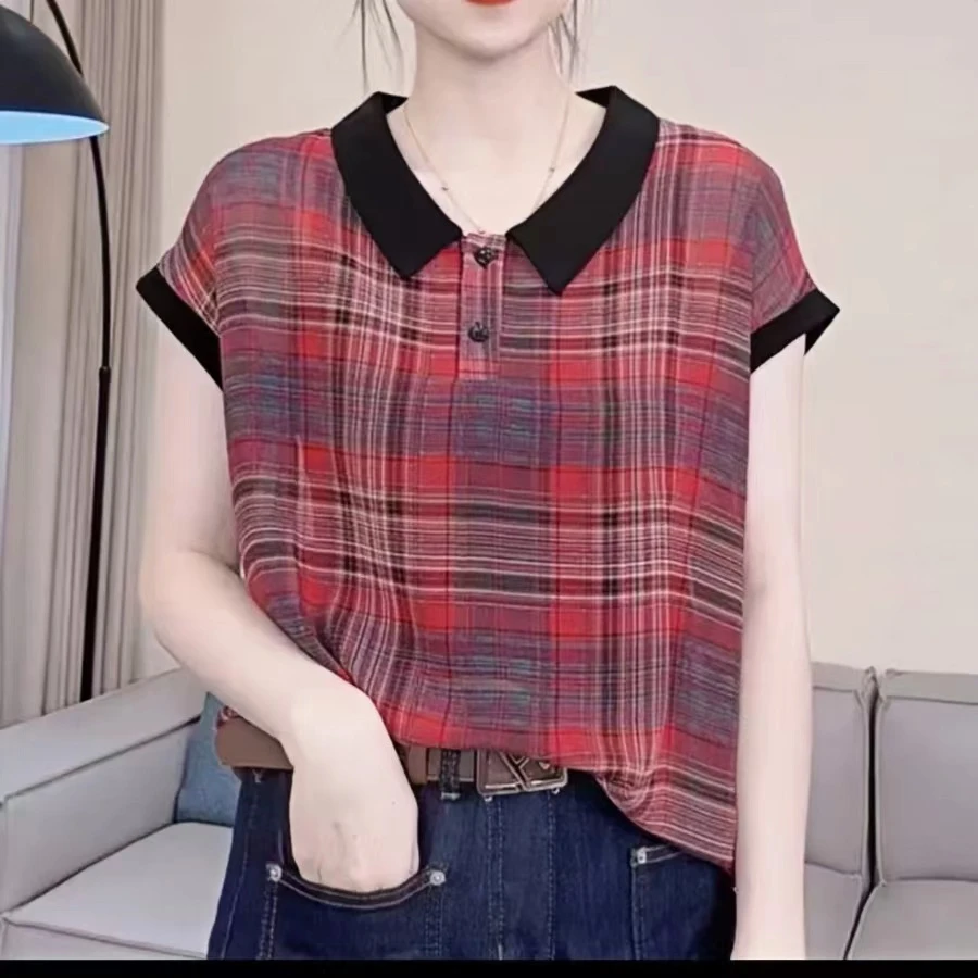 高档短袖洋气2024夏季格子新款娃娃领时尚小衫遮肚子显瘦上衣