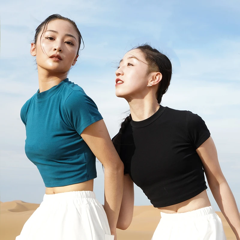 涂一TE601现代舞蹈练功服女式紧身舞蹈T恤短款民族古典舞短袖黑
