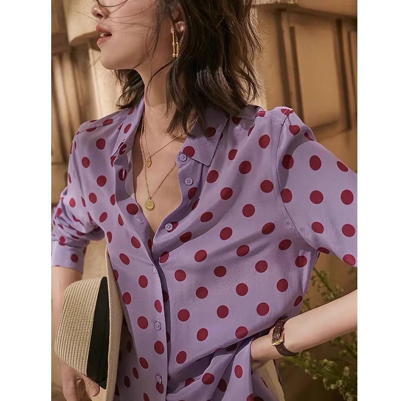 法式波点印花POLO衬衫女长袖衬衣紫色上衣春秋季明星同款夏装欧货