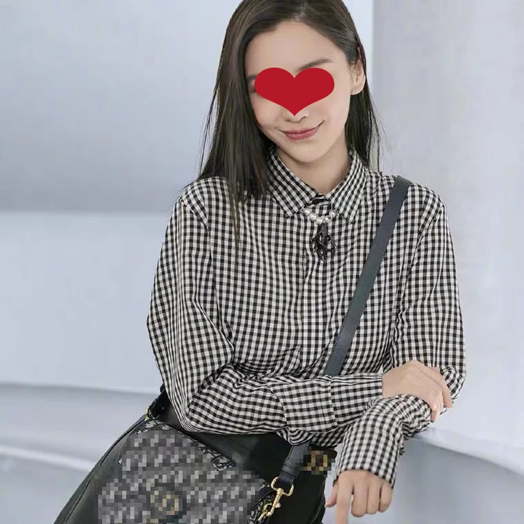 杨颖baby明星同款经典黑白小格子上衣服春秋装长袖气质衬衫黑色女