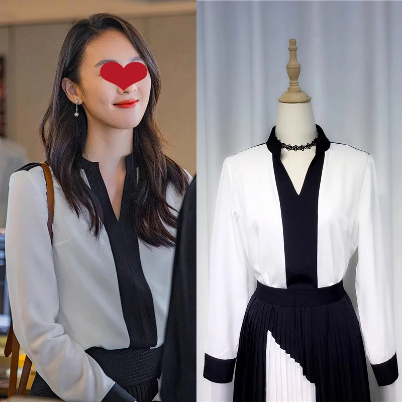 30三十而已童瑶顾佳明星同款衣服衬衫女长袖V领拼色宽松上衣秋装