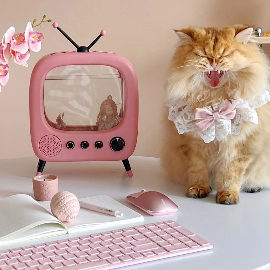 猫咪鱼缸电视机泰国斗鱼复古桌面办公室书桌网红水族箱灯内置加热