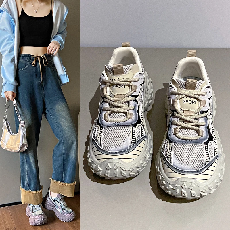 夏季百搭单网老爹鞋女网红时尚厚底榴莲底2024新款网面运动鞋透气