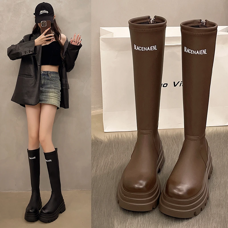 厚底长筒靴子女2025新款秋冬季高筒靴小个子不过膝显瘦黑色骑士靴