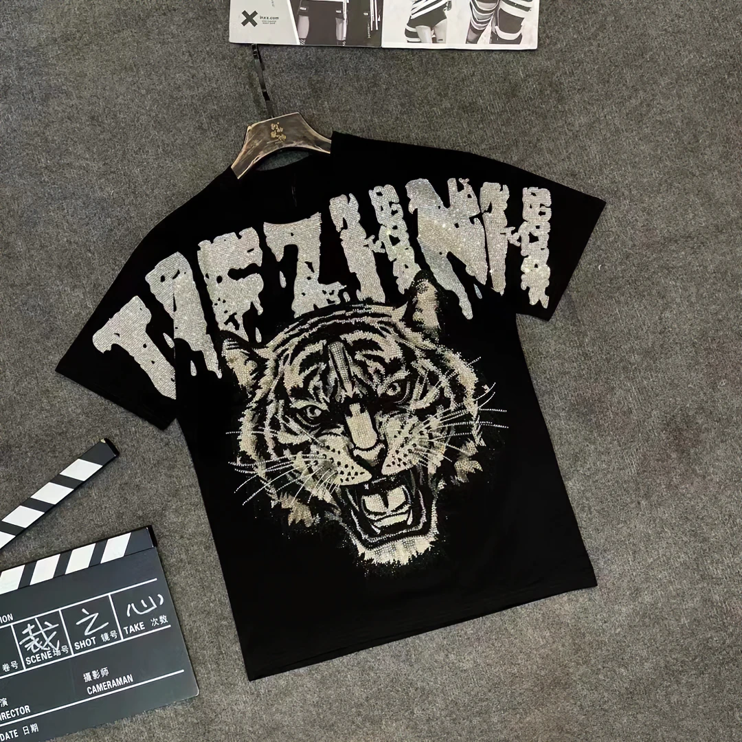 t恤上衣男士男装黑色半袖骷髅老虎时尚半袖宽松个性圆领烫钻短袖