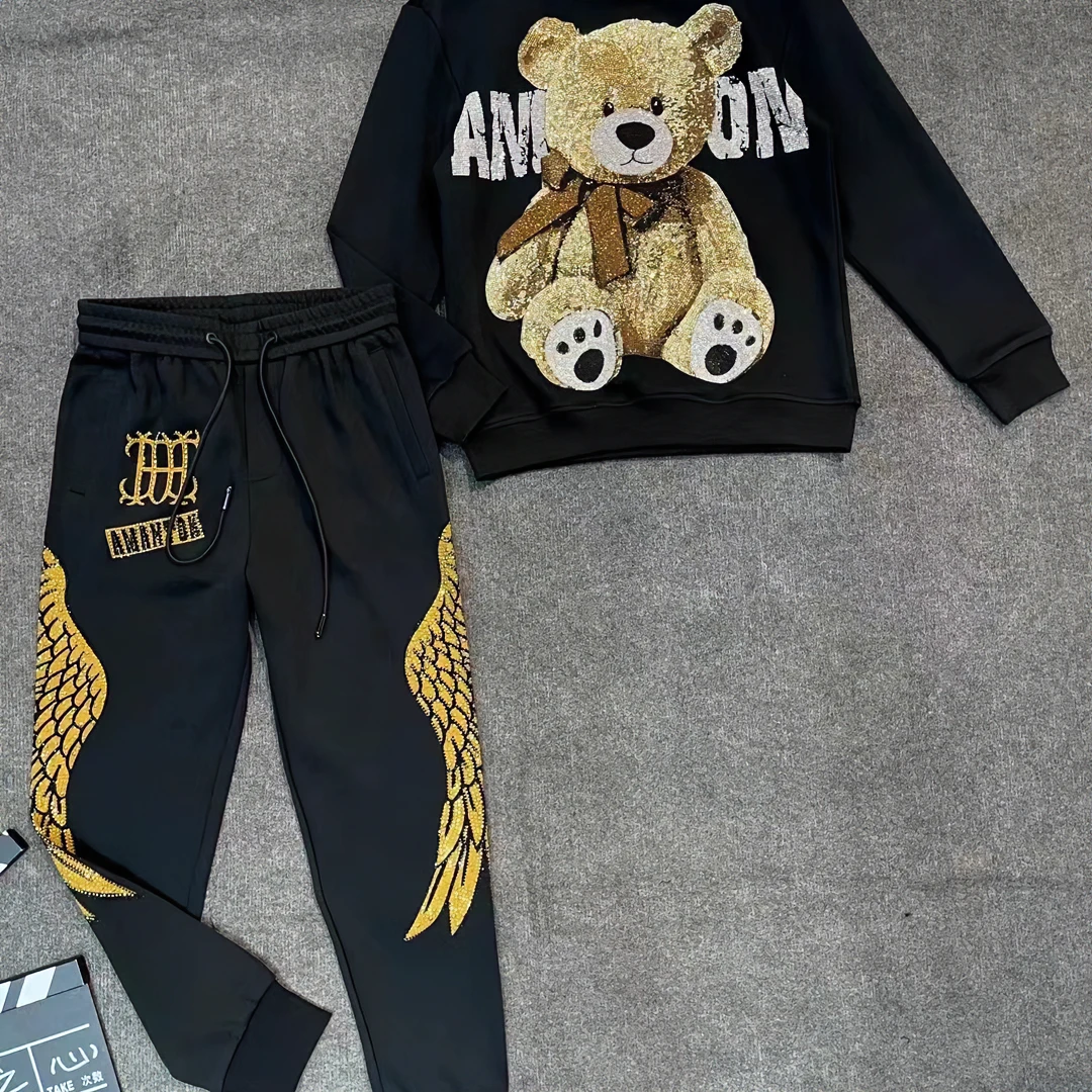 秋冬男士潮流时尚休闲重工长袖轻奢百搭圆领印花网红套装