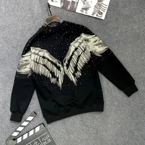 卫衣上衣男士长袖时尚重工秋冬套头网红休闲黑色潮流黑白烫钻翅膀