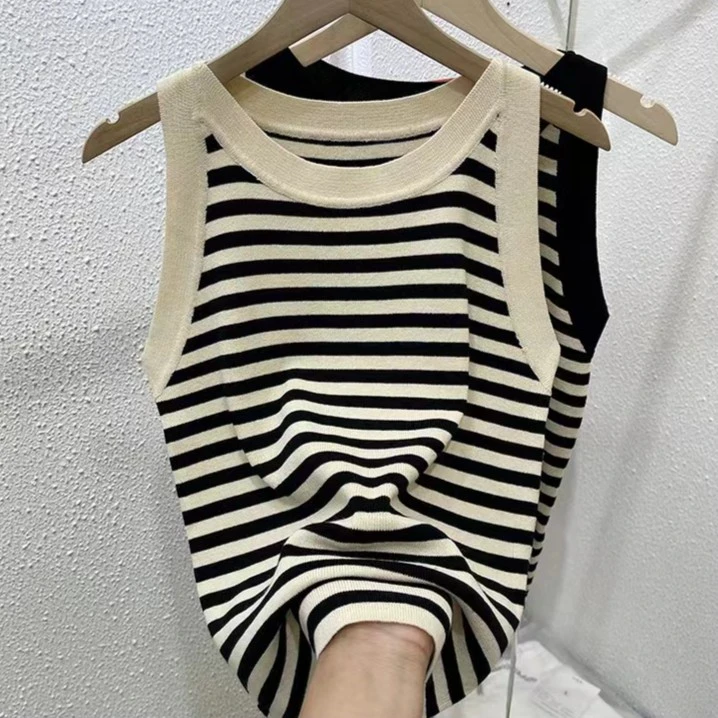 2025春夏新款气质内搭挂脖条纹冰丝吊带背心修身显瘦无袖针织打底