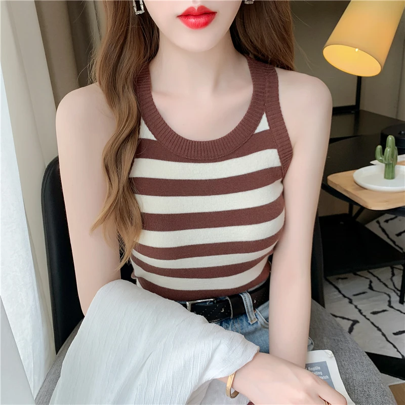 2025春装新款安迪绒条纹针织背心女修身短款西装内搭遮副乳打底衫