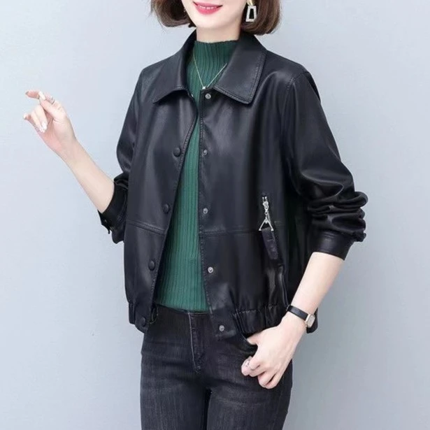 花花/2316-街头经典翻领短款女士百搭皮衣夹克外套