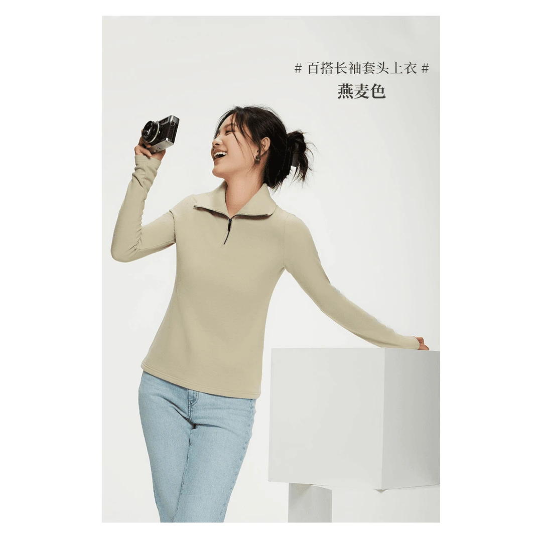 推荐！女修身显瘦百搭长袖套头POLO衫时尚休闲女士链接上衣183（LM）