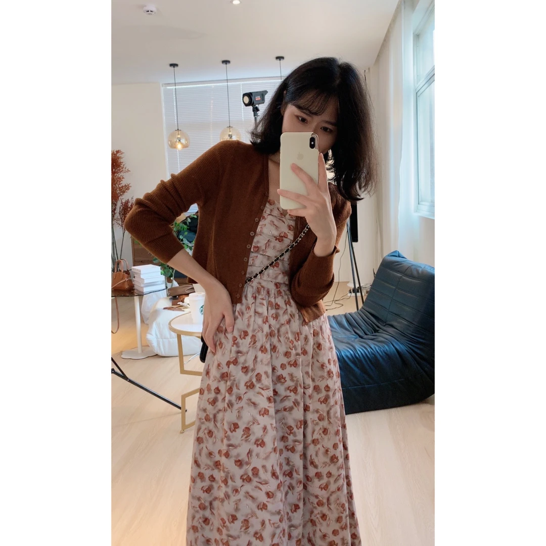 【清】大鱼定制 2023年秋装新款针织衫吊带裙两件套碎花连衣裙套装